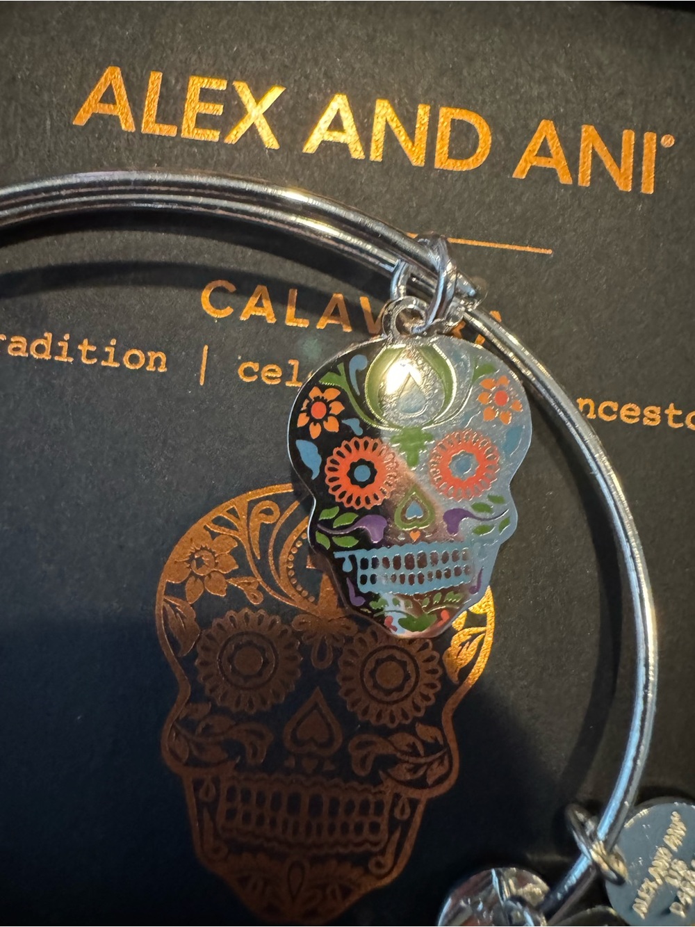 Alex and Ani Silver Sugar Skull Charm Bangle - Multicolor Floral Accents